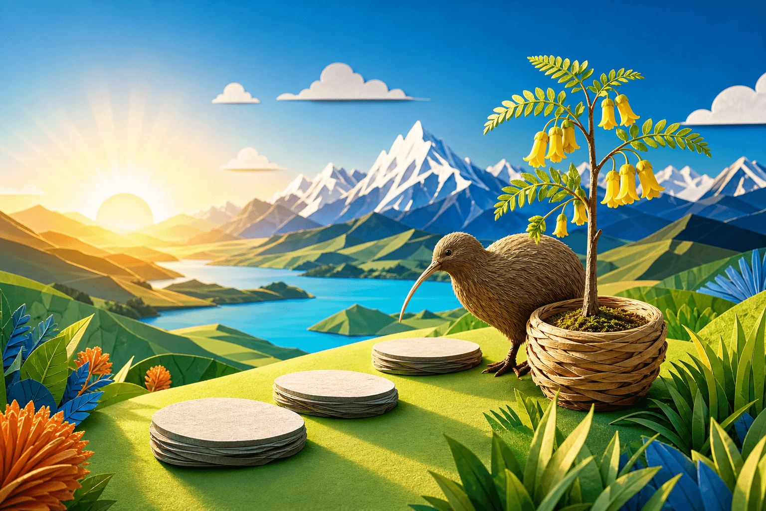 Paper-cut illustration of a kiwi, a growing kowhai tree and a bright New Zealand mountain landscape